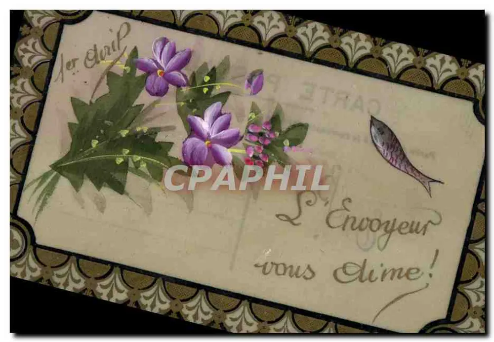 Flores e peixe — 1º de Abril — Carta postal decorativa - Frente