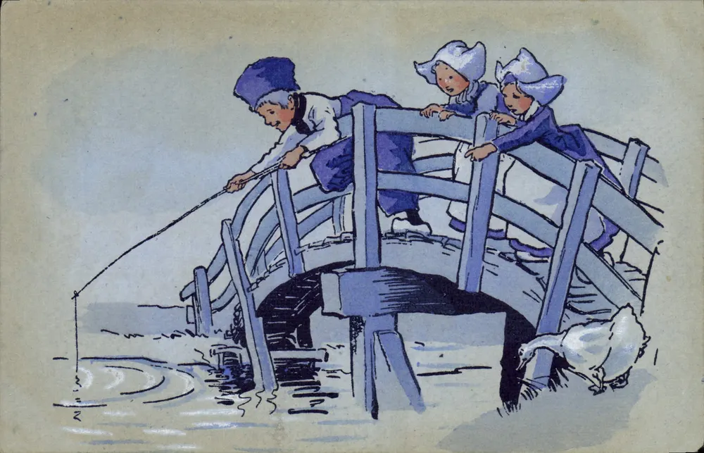 Crianças com chapéus azuis pescando em um ponte — ilustração - Frente