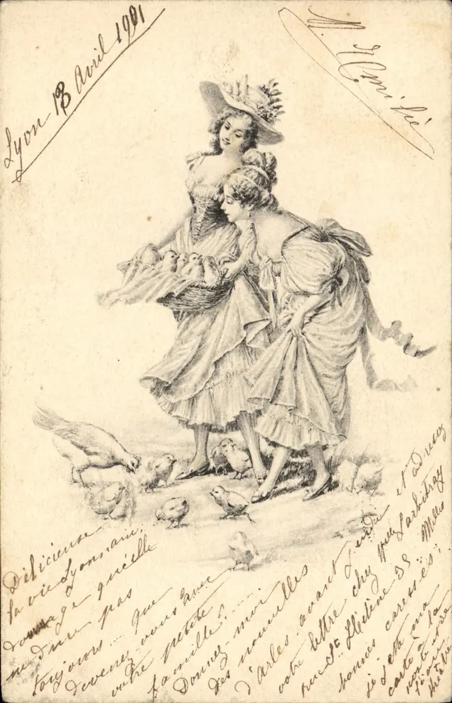 Zwei Frauen mit Hühnern und Küken — Lyon, 18. April 1901 — Verleger nicht sichtbar - Vorderseite