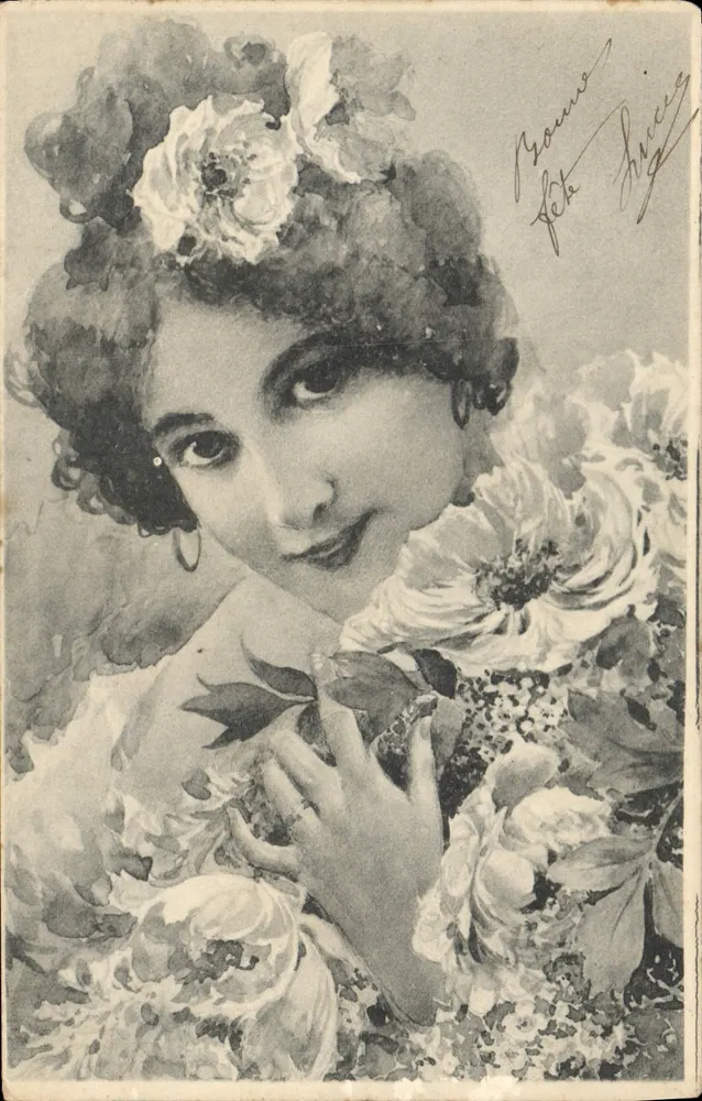 Frau mit Blumen — künstlerische Illustration — Verlag unbekannt - Vorderseite
