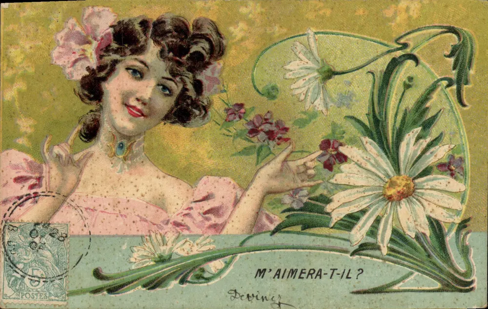 Junge Frau mit Blumen — WILL HE LOVE ME? — Deviney - Vorderseite