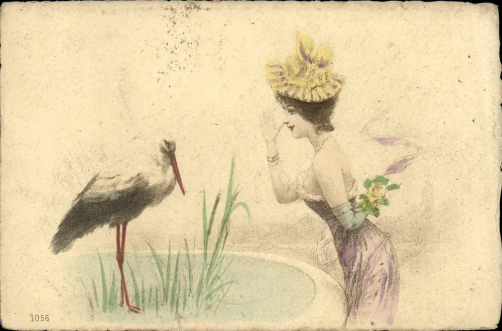 Frau und Storch — Naturszene — unbekannter Verlag, Seriennummer 1056 - Vorderseite