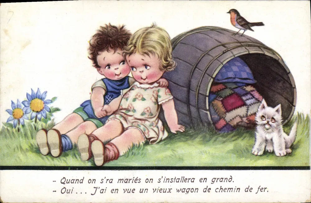 Zwei Kinder und eine Katze — Garten-Szene mit Wagen — FAS Nr. 2113 - Vorderseite