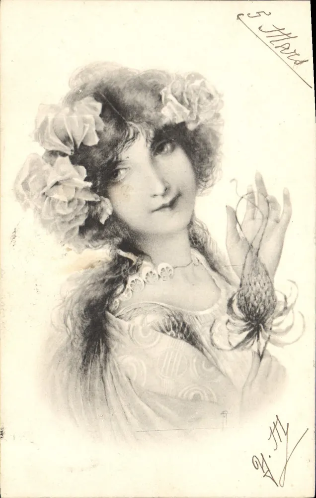 Junge Frau mit Blumen — Portrait — Druckerei M. M. Vienne, Nr. 5 Hard - Vorderseite