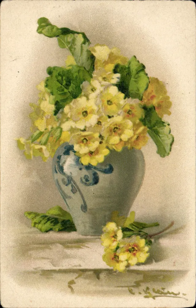 Fleurs jaunes dans un vase bleu — illustration signée C. Lein — éditeur non visible - Vorderseite