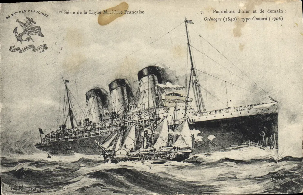 Paquebes do passado e do futuro: Orénoque (1840); tipo Cunard (1906) — 1ª Série da Liga Marítima Francesa — editor 39º B° das Capucinas - Frente