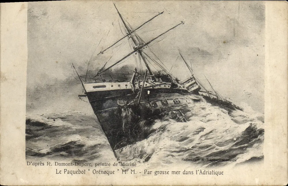 Das Dampfschiff "Orénoque" — Durch stürmische See in der Adria — Phototypie R. Lacombe, Marseille - Vorderseite
