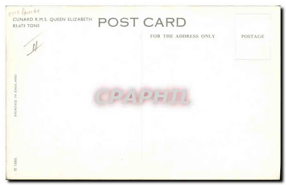 R.M.S. Queen Elizabeth — New York — Cunard, n° B 1865 - Rückseite