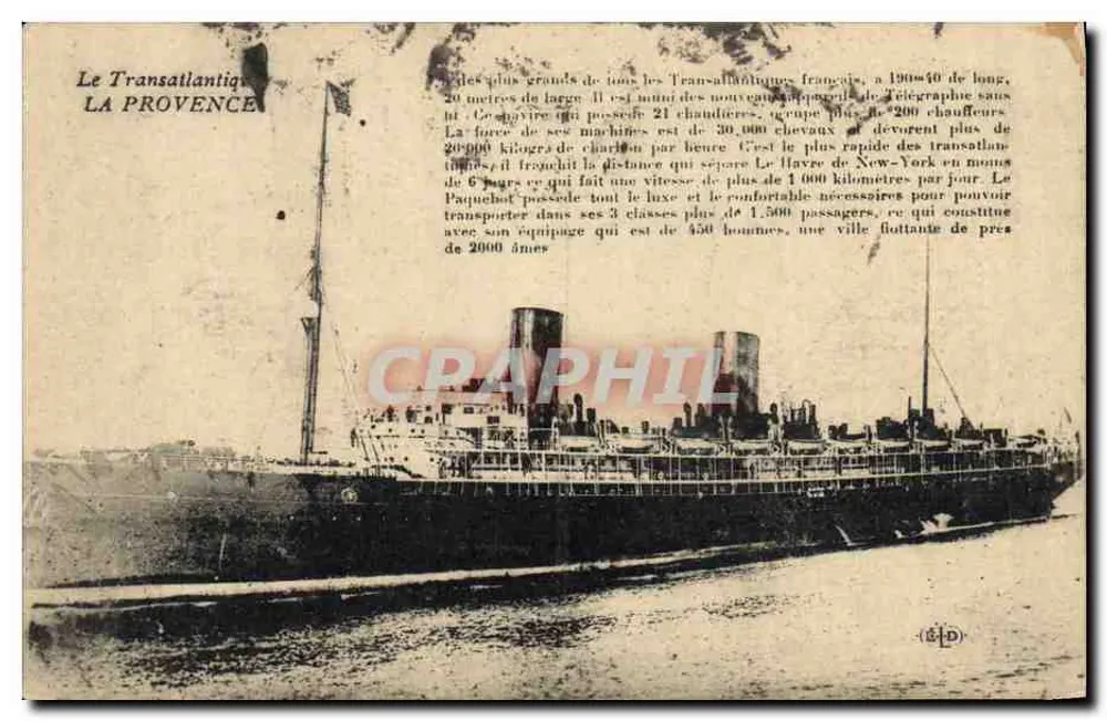 O Transatlântico LA PROVENCE — descrição técnica e características — Imp. R. Le Daley, Paris - Frente