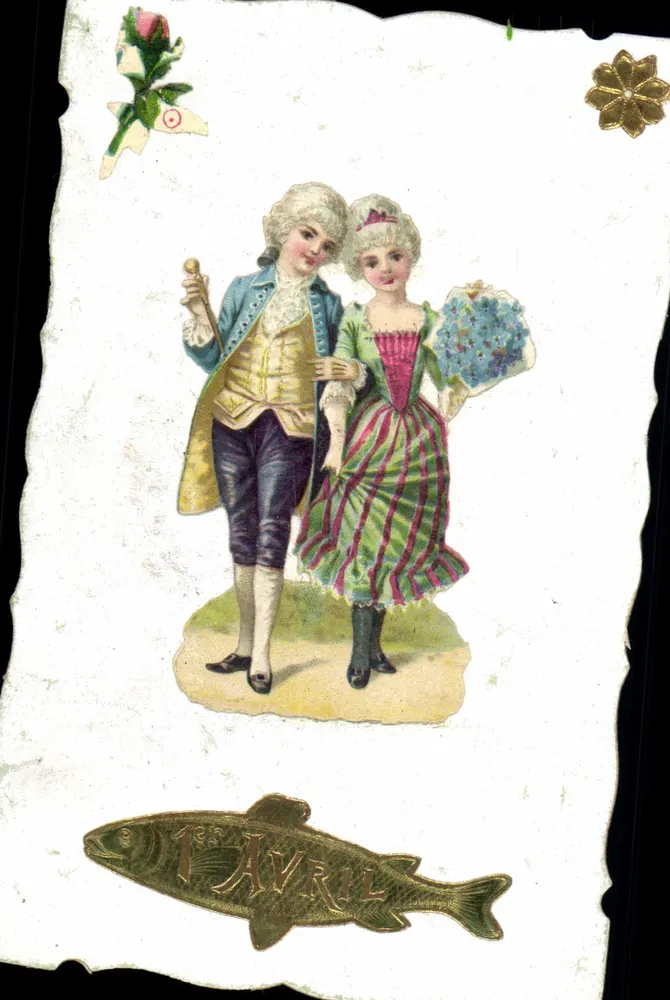 Junges Paar in historischem Kleid — 1. April — unbekannter Verlag - Vorderseite