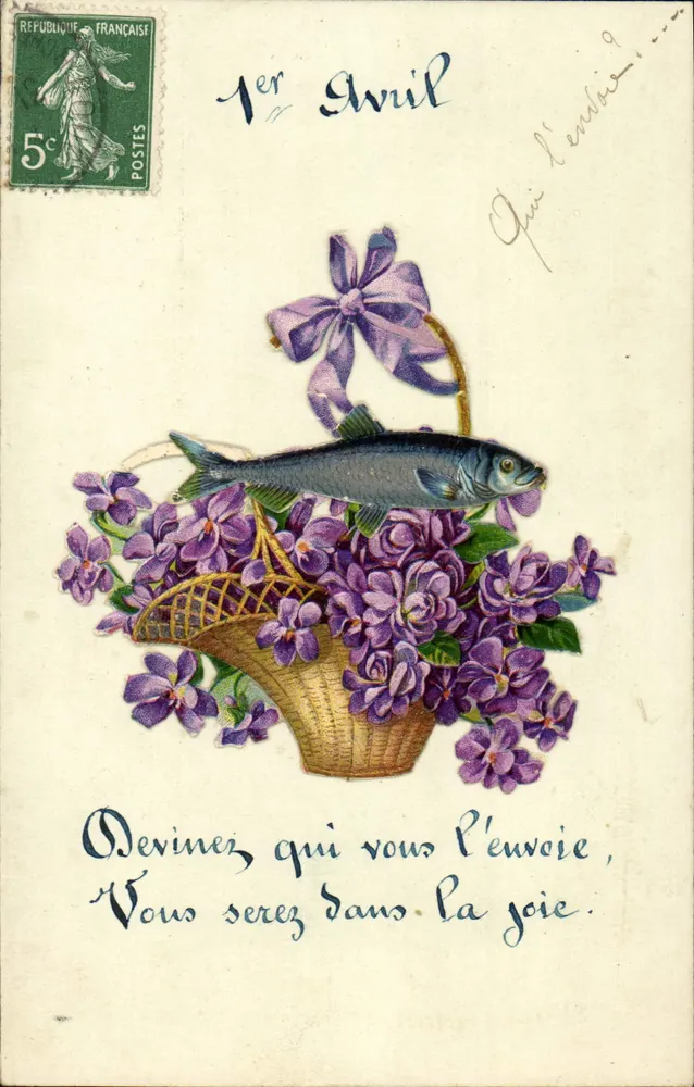 Peixe em um cesto de violetas — 1º de Abril — editor não visível - Frente