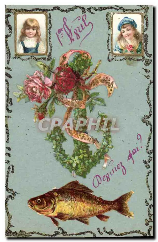 Zwei Kinder — Rosen und Fisch — unbekannter Verlag - Vorderseite
