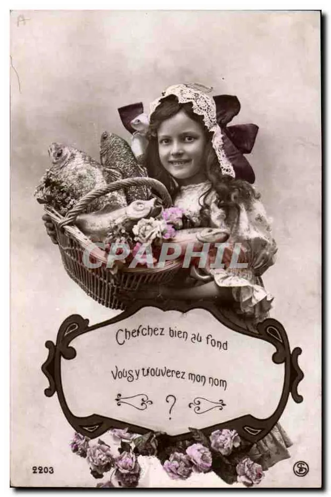 Mädchen mit Fischkorb — Rätselspiel — anonymer Verlag, Nr. 2203 - Vorderseite