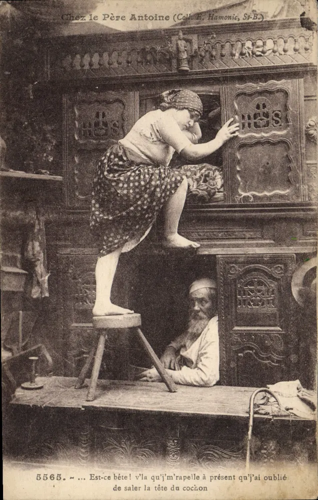Bei Vater Antoine — humorvoller Szene mit Frau auf Hocker und Mann sitzend — Verlag Coll. B. Hamonic, St-B. - Vorderseite