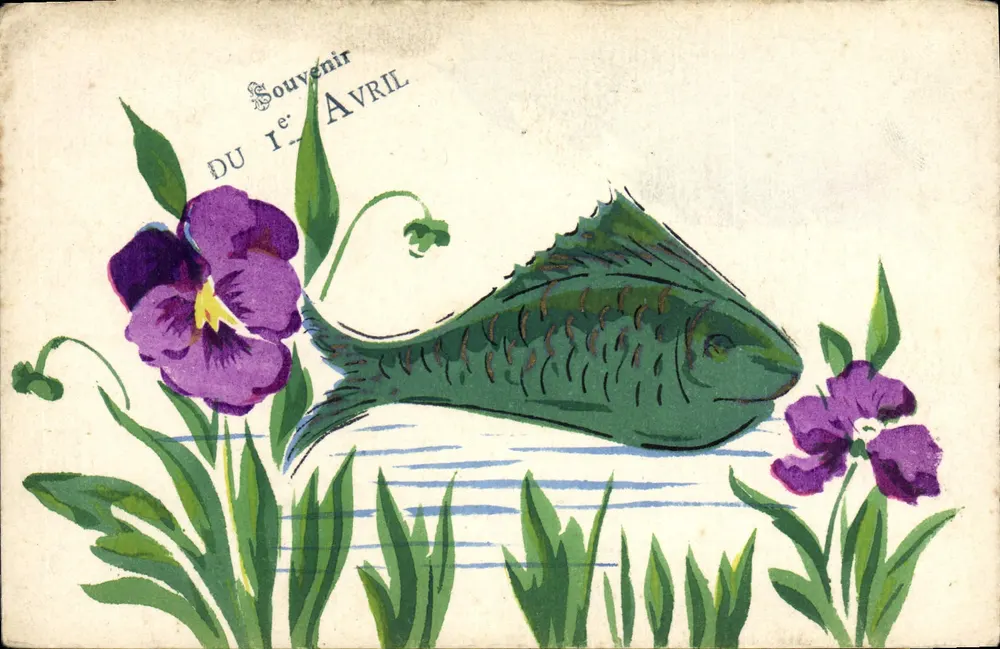 Fisch und Violette — Erinnerung an den 1. April — Ansichtskarte - Vorderseite