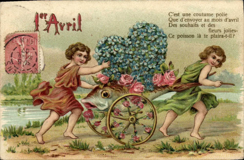 Kinder, die einen Blumen- und Fischwagen schieben — 1. April — unbekannter Verlag, Seriennummer nicht sichtbar - Vorderseite