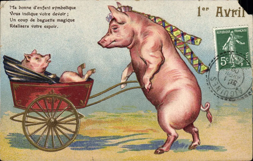 Schwein auf einem Wagen — 1. April — Verlag nicht sichtbar - Vorderseite