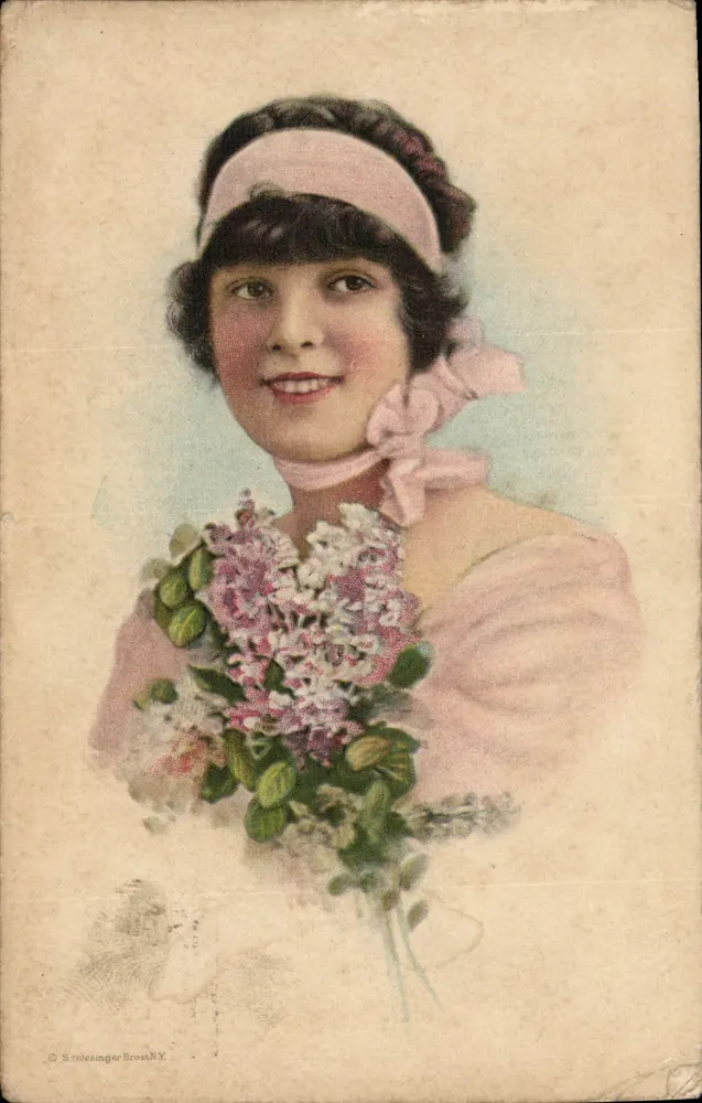 Junge Frau mit Lächeln — hält einen Strauß Lilien — Verlag Schlesinger Bros. N.Y. - Vorderseite