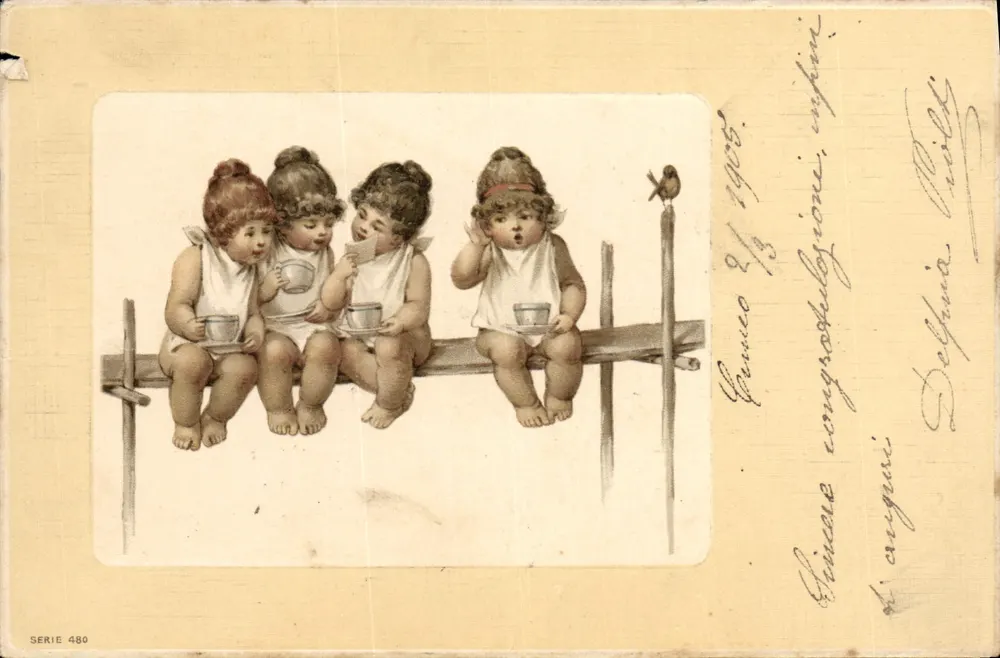 Quatre enfants assis sur un banc — scène de vie quotidienne — éditeur 'SERIE 480' imprimé en bas à gauche - Vorderseite