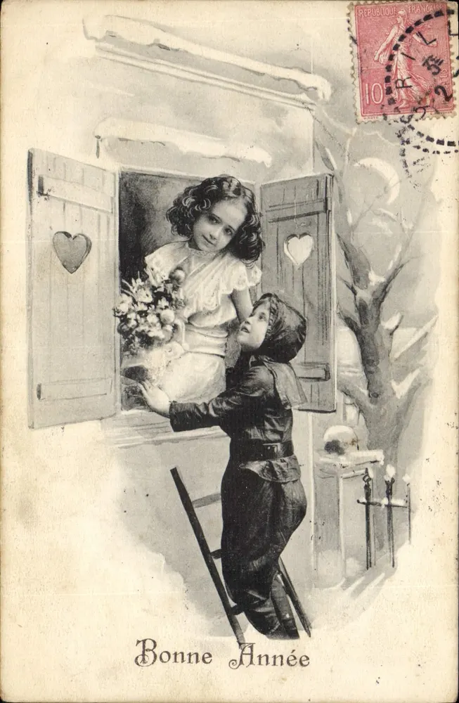 Kind, das Blumen einer Mädchen schenkt — Frohes Neues Jahr — unbekannter Verlag, Seriennummer nicht sichtbar - Vorderseite