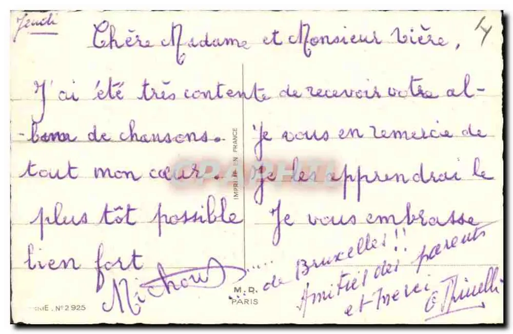 Kinder, die mit Vögeln spielen — Chansonnette — Druckerei M. R. Paris, Nr. 2925 - Rückseite