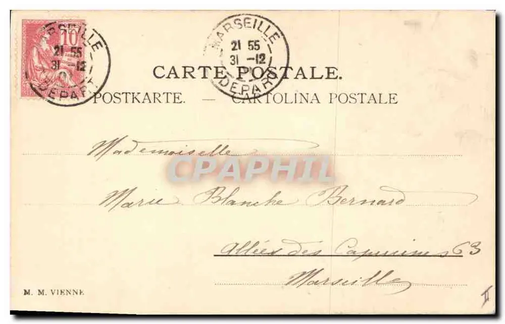 Frau mit Schleifenhut — mit Hund im Kostüm — Verlag M. M. Vienne - Rückseite