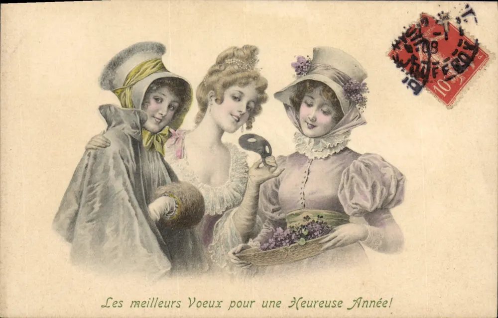 Drei junge Frauen in historischem Kleid — Die besten Wünsche für ein glückliches Jahr! — M. M. Vienne, Nr. 255 - Vorderseite