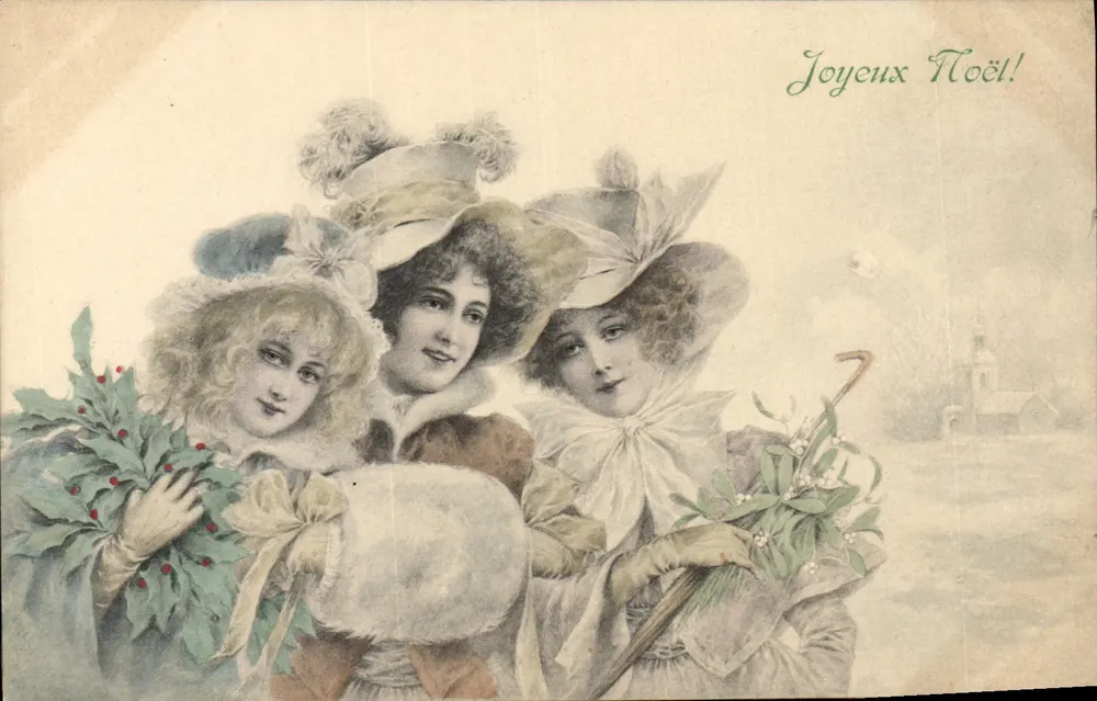 Drei junge Frauen in Winterkleidung — WeihnachtsSzene — Verlag M. M. Vienne, Nr. III - Vorderseite