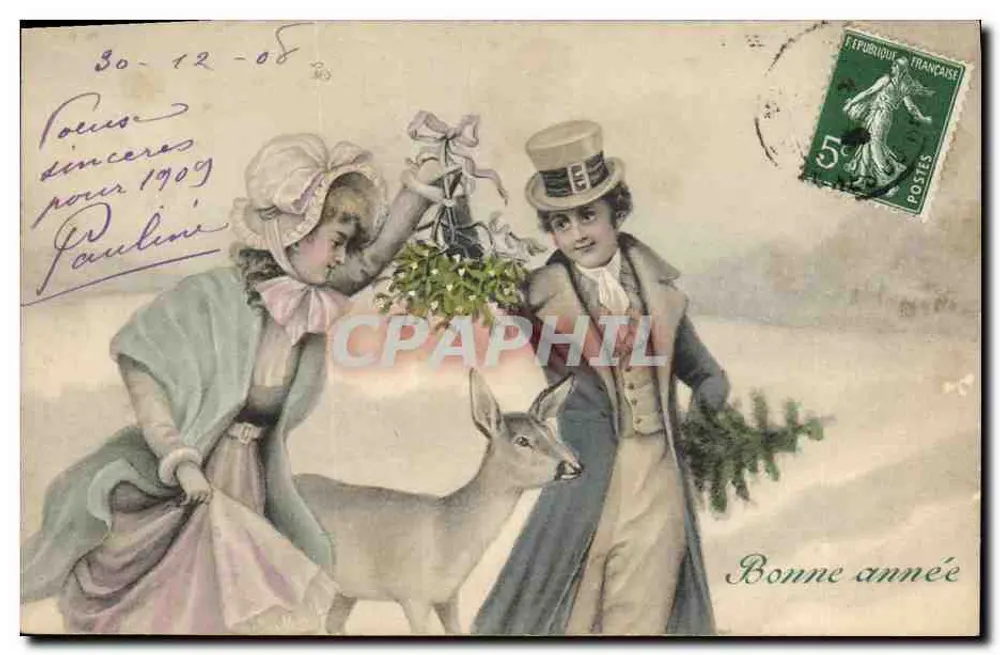 Junge Liebende und Hirsch — Weihnachtszene — Verlag V.K., Wien - Vorderseite