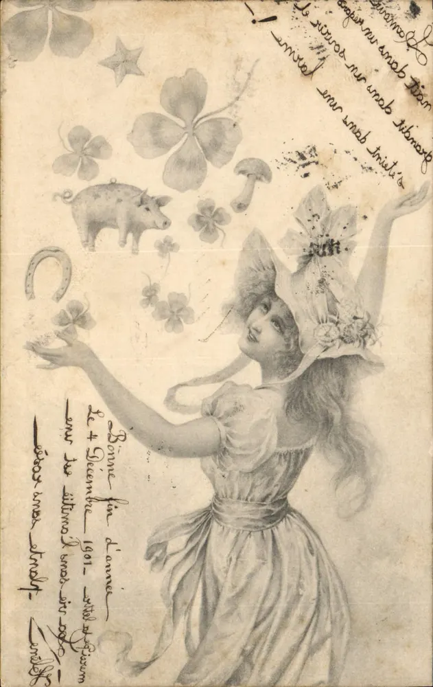 Frau, die unter Kleeblättern tanzt — Verlag M. M. Vienne, Nr. 4 - Vorderseite