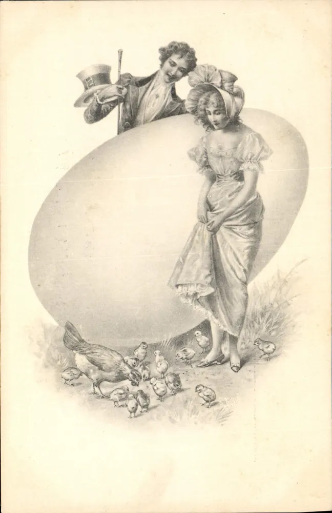 Paar vor einem großen Osterei — mit Küken — Verlag M. M. Vienne - Vorderseite