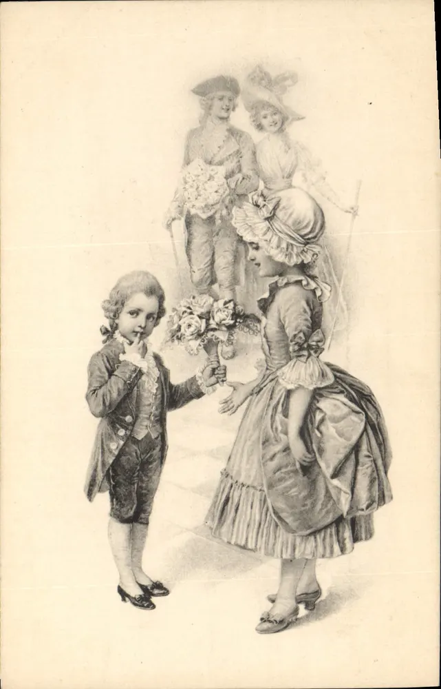 Kinder in historischem Kleid — Blumen-Gabe — M. M. Vienne, Nr. 169 - Vorderseite