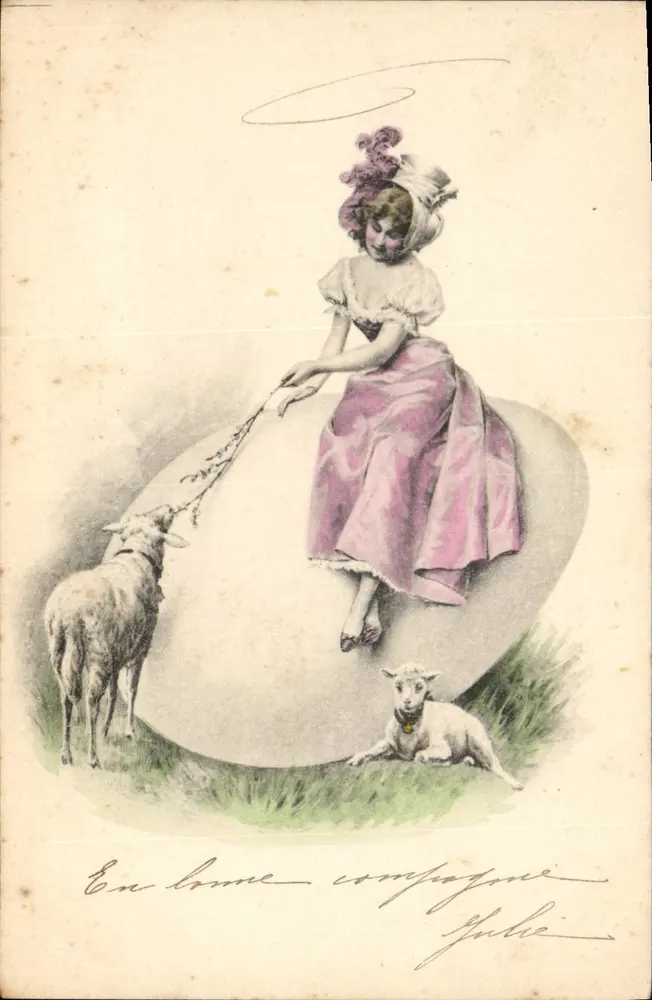 Mädchen mit Schafen — auf Ei — Verlag M. M. Vienne, Nr. III - Vorderseite