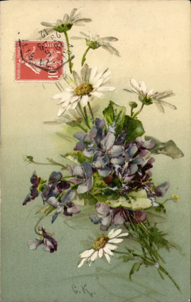 Arranjo de margaridas e violetas — C.K.V. — editor não visível - Frente