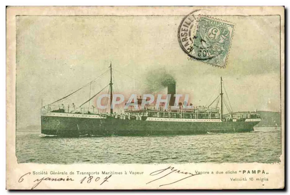 Dampfschiff mit zwei Propellern "PAMPA" — Société Générale de Transports Maritimes à Vapeur — Verlag E. Oliveri & C. Genova - Vorderseite