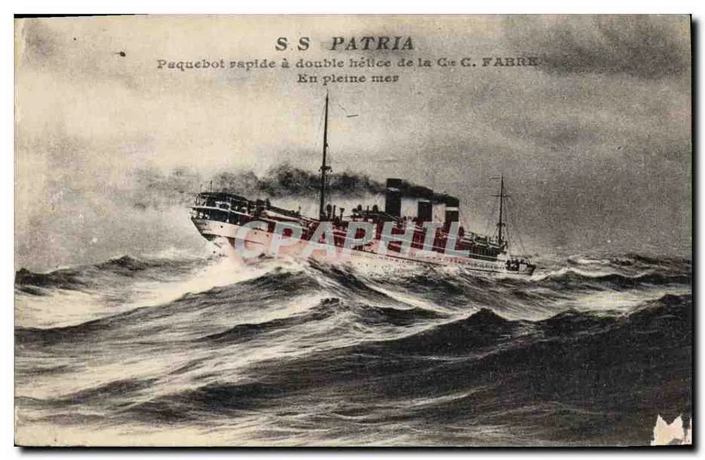 S.S. PATRIA — Schnellfahrer mit Doppelpropeller der Cie C. FABRE — Auf See - Vorderseite