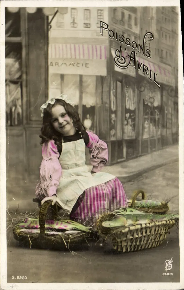 Mädchen mit Fischkörben — Fische vom April — Verlag KS, Nr. S.2260 - Vorderseite