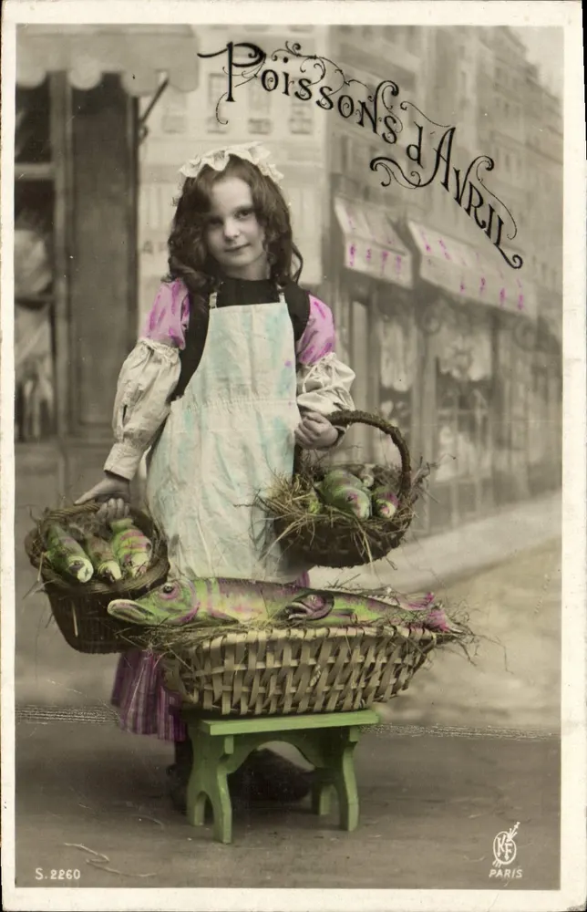Mädchen mit Fischkörben — Fische vom 1. April — Verlag KF, Nr. S.2260 - Vorderseite