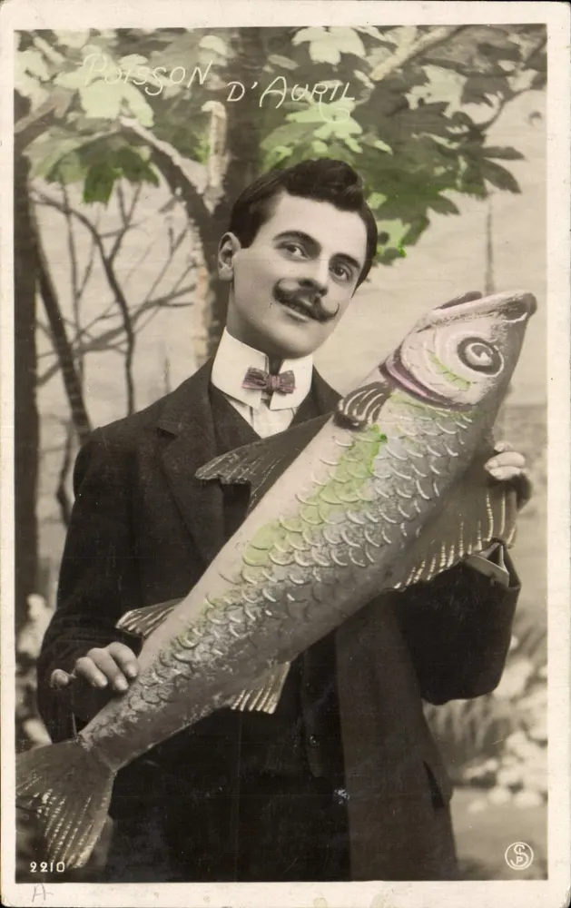 April-Fisch — Mann mit dekorativem Fisch — Serie 2210, Verlag S - Vorderseite