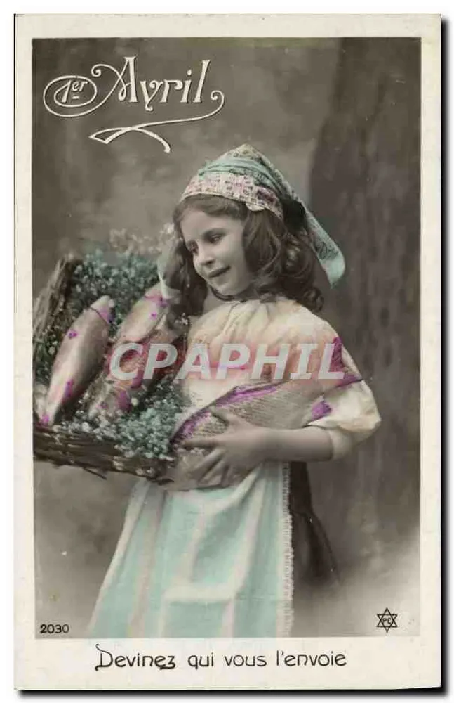 Mädchen mit einem Blumenkorb — 1. April — anonymer Verlag, Nr. 2030 - Vorderseite