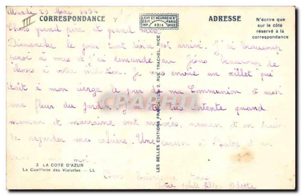 Flores de violetas — A Costa Azul — Éditions Françaises, Nice - Verso