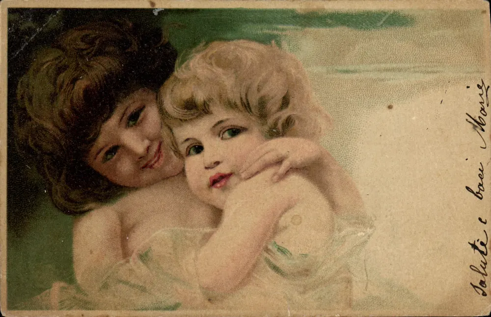 Zwei Kinder — farbige Illustration — unbekannter Verlag - Vorderseite