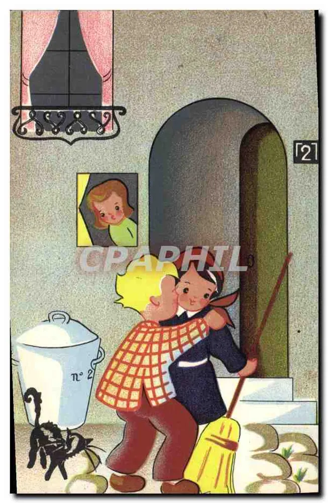 Kinder, die an der Tür spielen — humorvolle Illustration — Humoristische Sammlung 35, herausgegeben von A. YOER - Vorderseite