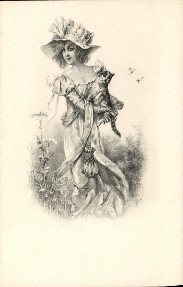 Frau in eleganter Robe, die eine Katze hält — Illustration — Nr. 1294 - Vorderseite