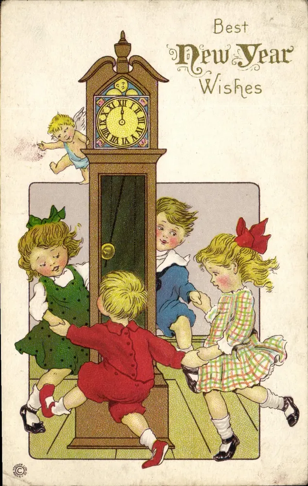 Enfants jouant autour d'une horloge — scène de Nouvel An — éditeur 'Series 56 C' sur le verso - Vorderseite