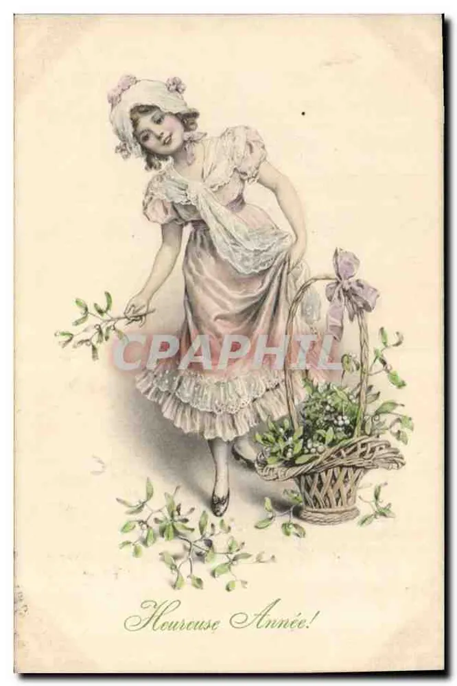 Frau in einem rosa Kleid, das einen Korb mit Zweigen hält — 'Glückliches Jahr!' — M. M. Vienne, Nr. 344 - Vorderseite