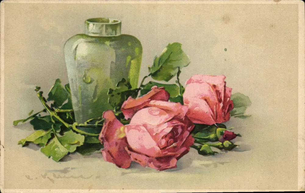 Arranjo de rosas — desenho em aquarela — C. Kühne - Frente