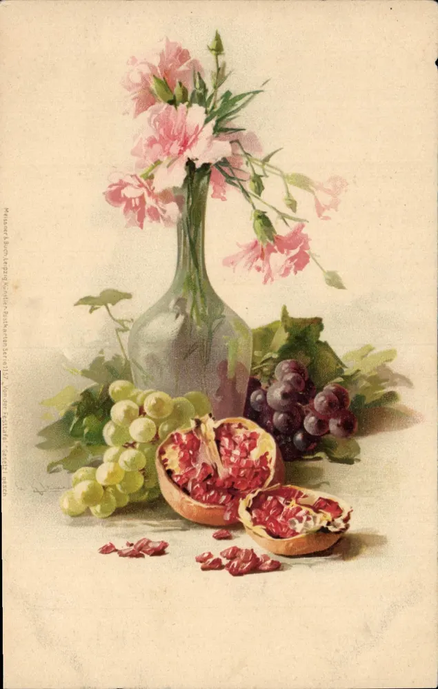 Natureza morta com flores e frutas — série 12 — editor Mauser & Buch, Leipzig - Frente