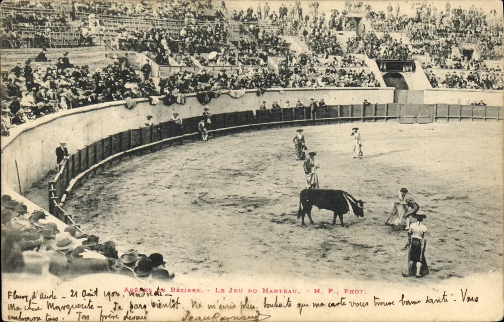 Arènes de Béziers — Das Spiel des Mantels — M. P., Phot. - Vorderseite