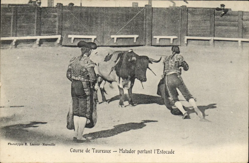 Stierkampf — Matador mit der Estocade — Phototypie E. Lacour - Marseille - Vorderseite